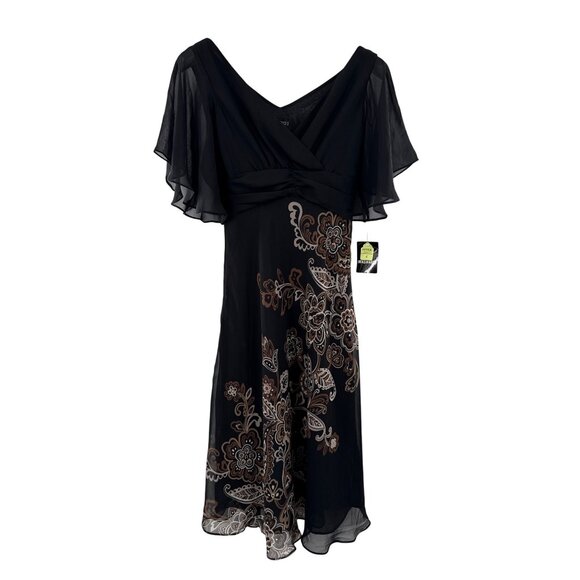 Studio I Black Chiffon Floral‎ Pattern Dress With Flutter Sleeves beaded size 4 - Picture 1 of 9